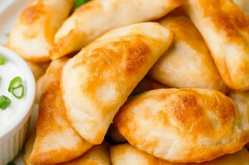 Crispy air fryer frozen pierogies served with sour cream and chives.