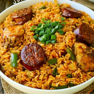 A bowl of Authentic New Orleans Creole Jambalaya with shrimp, sausage, and vibrant spices.