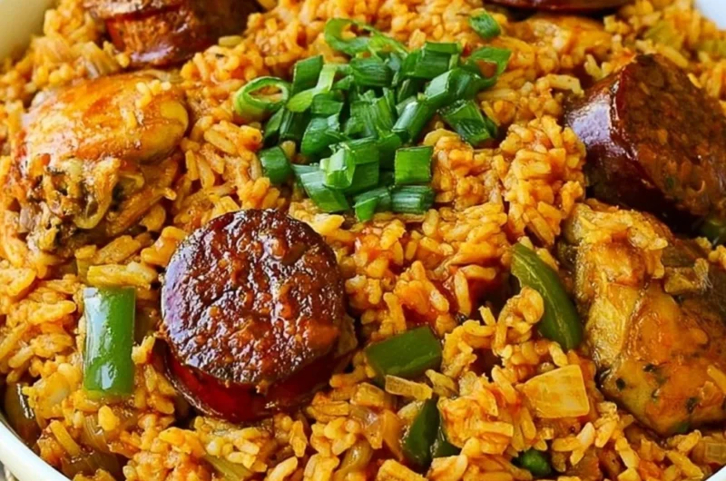 A bowl of Authentic New Orleans Creole Jambalaya with shrimp, sausage, and vibrant spices.