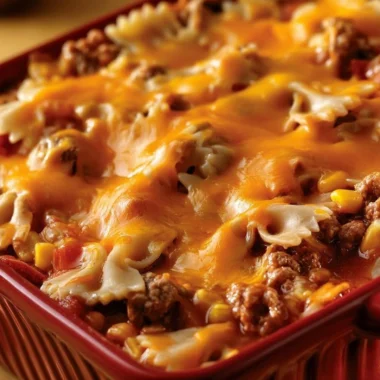 Cheddar Sloppy Joe Casserole served in a baking dish with a cheesy topping.