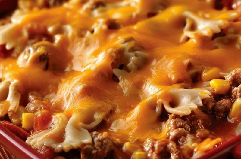 Cheddar Sloppy Joe Casserole served in a baking dish with a cheesy topping.
