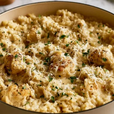 Plate of classic garlic parmesan chicken served with rice