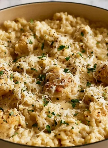Plate of classic garlic parmesan chicken served with rice