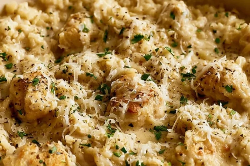 Plate of classic garlic parmesan chicken served with rice