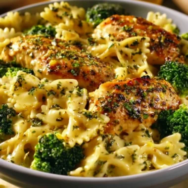 Delicious Cowboy Butter Lemon Bowtie Chicken served with broccoli
