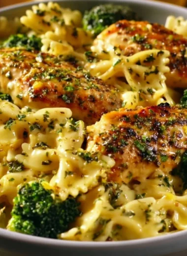 Delicious Cowboy Butter Lemon Bowtie Chicken served with broccoli