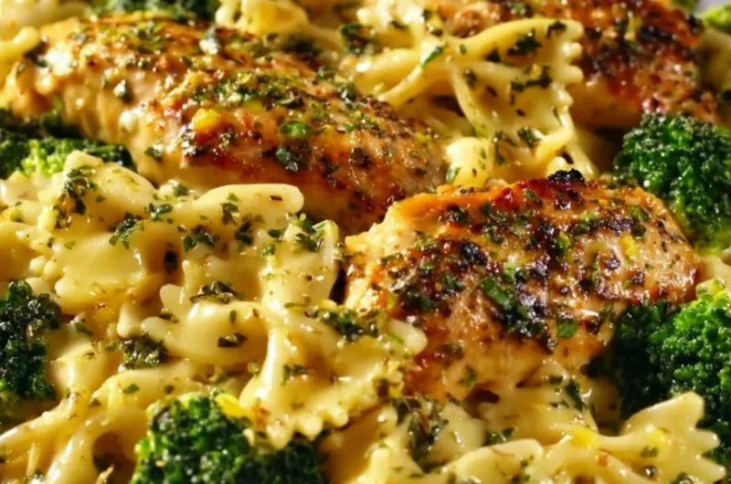 Delicious Cowboy Butter Lemon Bowtie Chicken served with broccoli