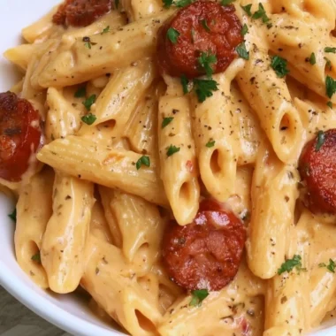 Cozy creamy kielbasa pasta in a bowl garnished with herbs