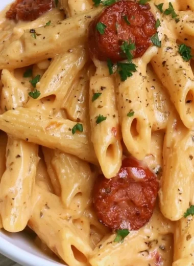 Cozy creamy kielbasa pasta in a bowl garnished with herbs