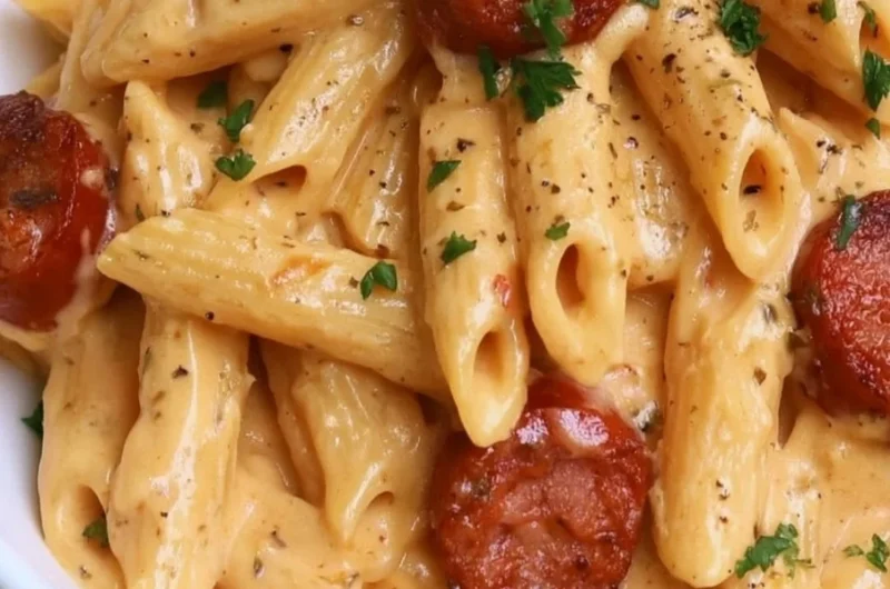 Cozy creamy kielbasa pasta in a bowl garnished with herbs