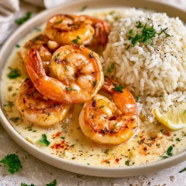 Cozy one-pan garlic butter shrimp served with fluffy rice