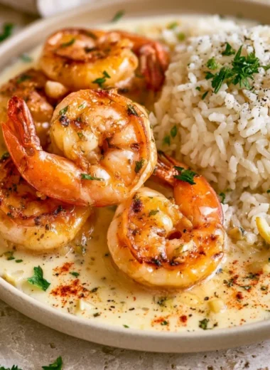 Cozy one-pan garlic butter shrimp served with fluffy rice