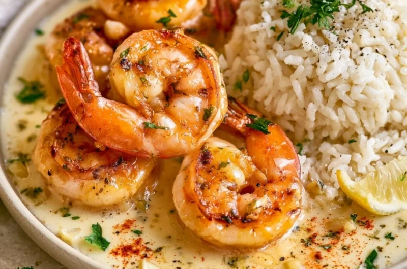 Cozy one-pan garlic butter shrimp served with fluffy rice