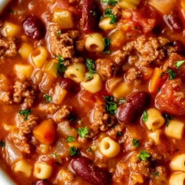 Cozy pasta and beans dish served in a bowl with herbs and spices.