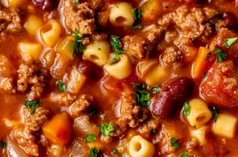 Cozy pasta and beans dish served in a bowl with herbs and spices.