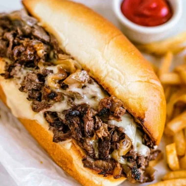 Delicious homemade Philly cheesesteak served on a toasted bun with melted cheese