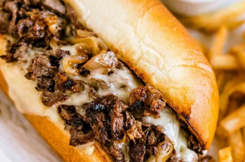 Delicious homemade Philly cheesesteak served on a toasted bun with melted cheese