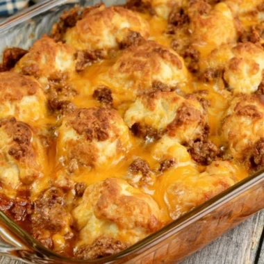 Cozy Sloppy Joe Biscuit Casserole with biscuits and ground beef