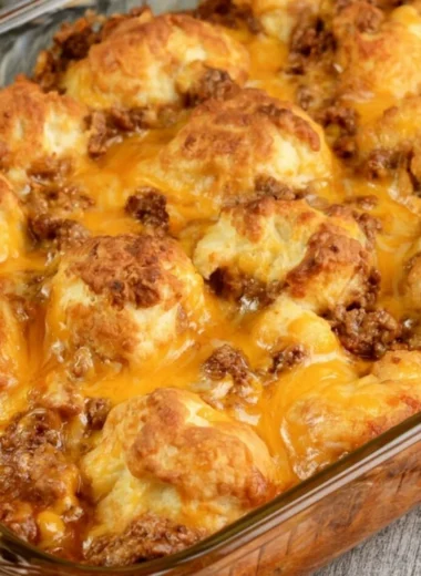 Cozy Sloppy Joe Biscuit Casserole with biscuits and ground beef