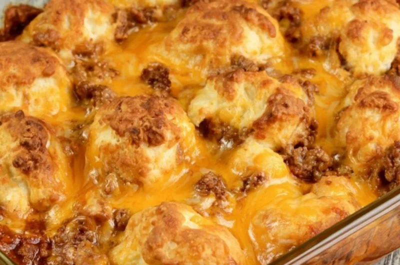 Cozy Sloppy Joe Biscuit Casserole with biscuits and ground beef