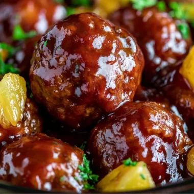 Slow cooker pineapple barbecue meatballs served on a plate with sauce