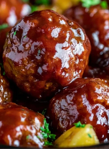 Slow cooker pineapple barbecue meatballs served on a plate with sauce