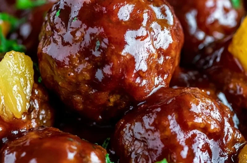 Slow cooker pineapple barbecue meatballs served on a plate with sauce
