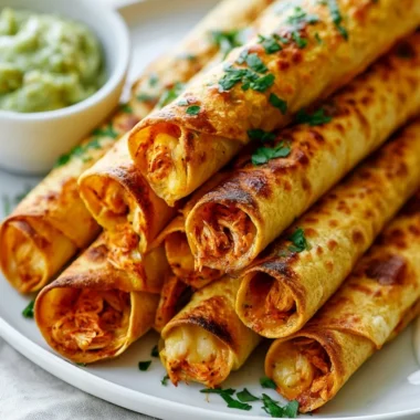 Plate of crispy baked chicken taquitos garnished with fresh cilantro