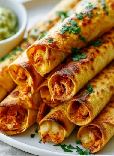 Plate of crispy baked chicken taquitos garnished with fresh cilantro