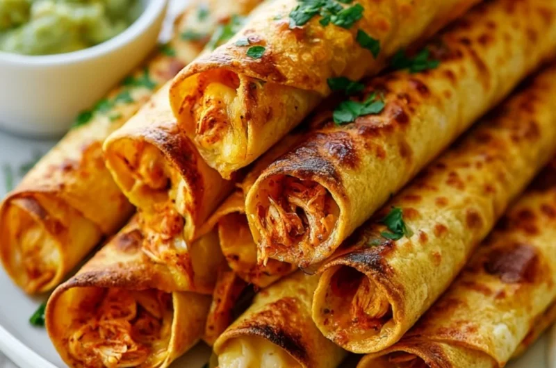 Plate of crispy baked chicken taquitos garnished with fresh cilantro