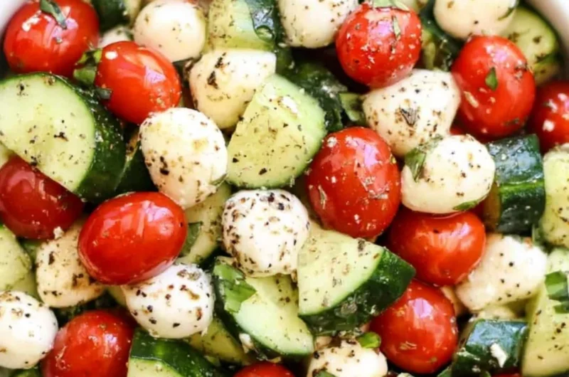 Fresh Cucumber Caprese salad with tomatoes and mozzarella cheese