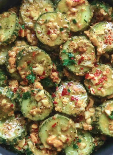 Cucumber salad topped with peanut dressing in a vibrant bowl