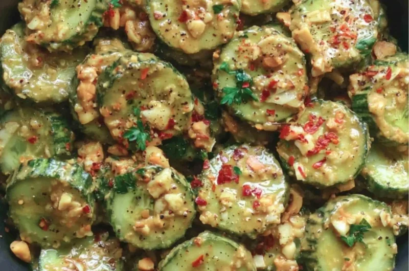 Cucumber salad topped with peanut dressing in a vibrant bowl