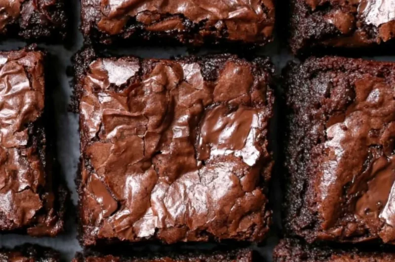 Delicious fudgiest brownies topped with chocolate drizzle on a wooden table