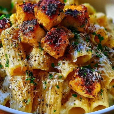 Delicious garlic butter chicken served with rigatoni and parmesan cheese