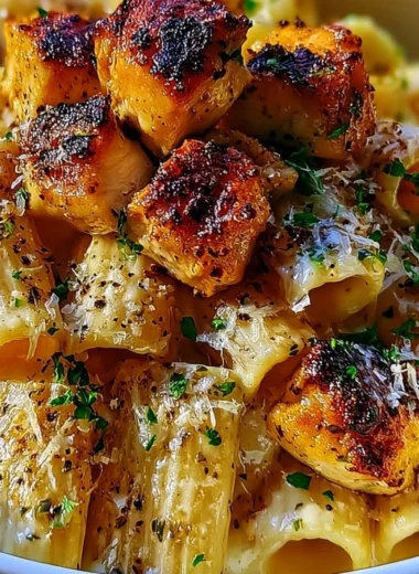 Delicious garlic butter chicken served with rigatoni and parmesan cheese