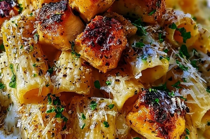 Delicious garlic butter chicken served with rigatoni and parmesan cheese