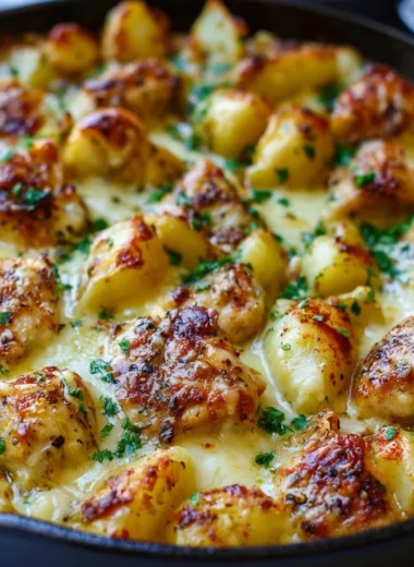 Delicious Garlic Parmesan Chicken served with crispy roasted potatoes