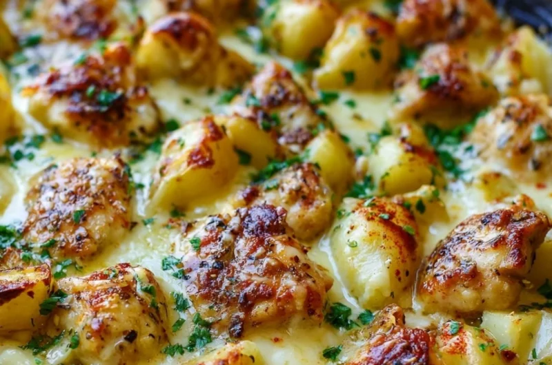 Delicious Garlic Parmesan Chicken served with crispy roasted potatoes
