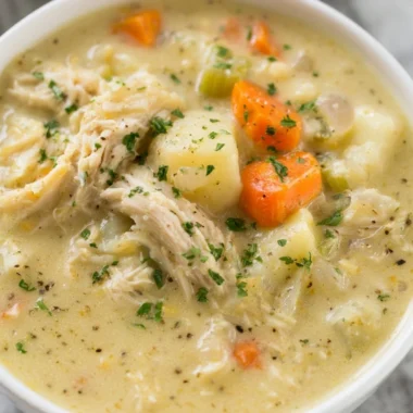 Bowl of healthy chicken pot pie soup with vegetables and herbs