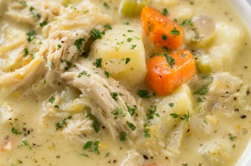 Bowl of healthy chicken pot pie soup with vegetables and herbs