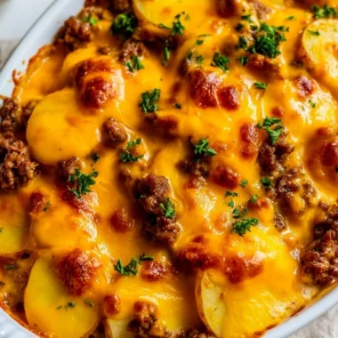 Delicious Hobo Casserole with ground beef, veggies, and cheese baked to perfection.