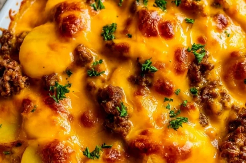Delicious Hobo Casserole with ground beef, veggies, and cheese baked to perfection.