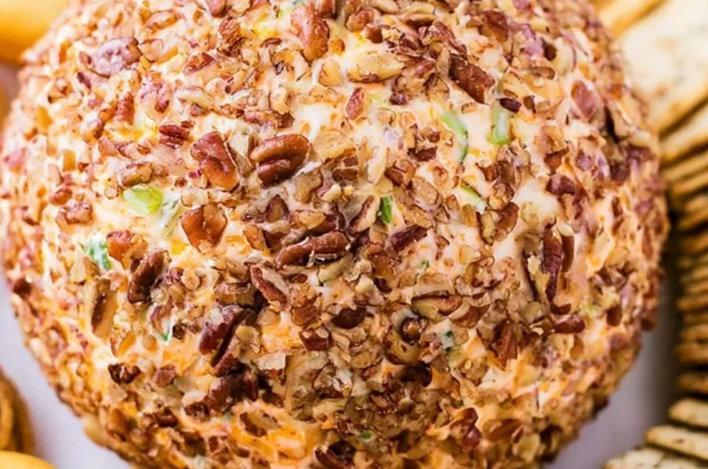 Delicious holiday cheese ball served with crackers and garnished with herbs.