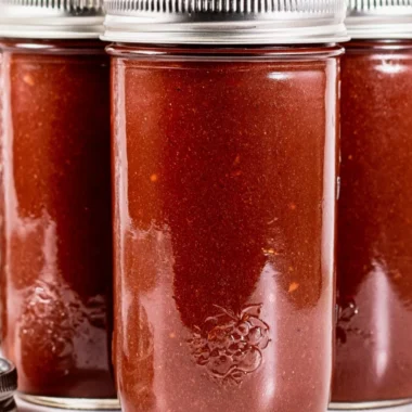 Homemade BBQ sauce in a jar with fresh ingredients