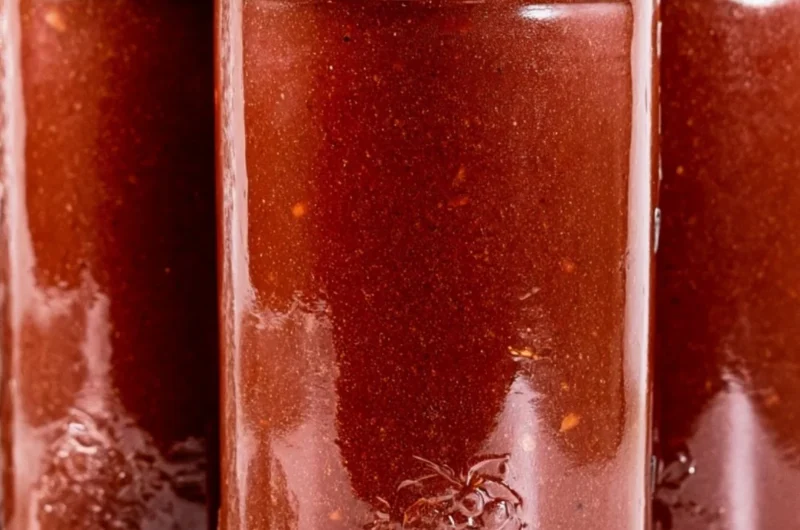 Homemade BBQ sauce in a jar with fresh ingredients