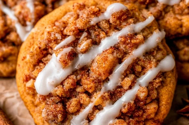 Delicious Pumpkin Coffee Cake Cookies topped with spices and icing.