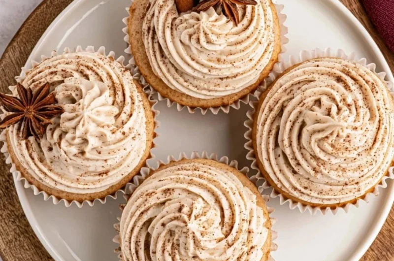 Delicious spiced chai latte cupcakes topped with creamy frosting on a plate.