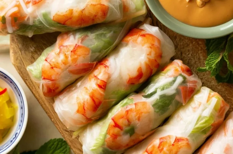 Traditional Vietnamese fresh spring rolls with fresh vegetables and herbs
