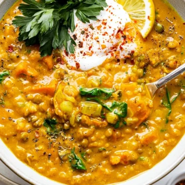 Bowl of turmeric lentil detox soup with vibrant colors and herbs